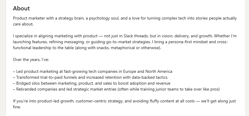 Example of a LinkedIn About Us Section