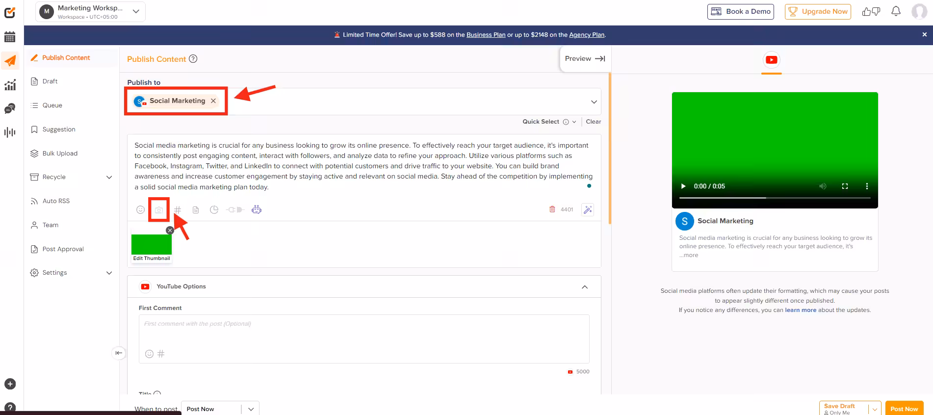 A Step-By-Step Guide to Schedule YouTube Videos in 2026 17 A snapshot showing video uploading using Social Champ's dashboard
