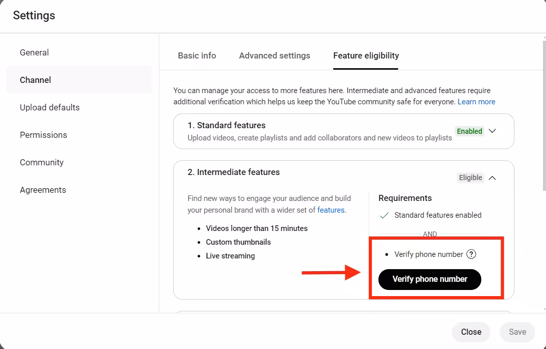 A Step-By-Step Guide to Schedule YouTube Videos in 2026 8 A snapshot of "Intermediate features"