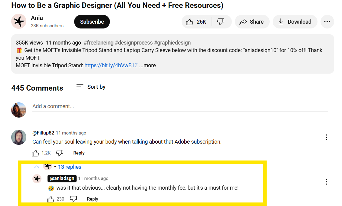 Example of a YouTuber Responding to the First Comment on Their Video