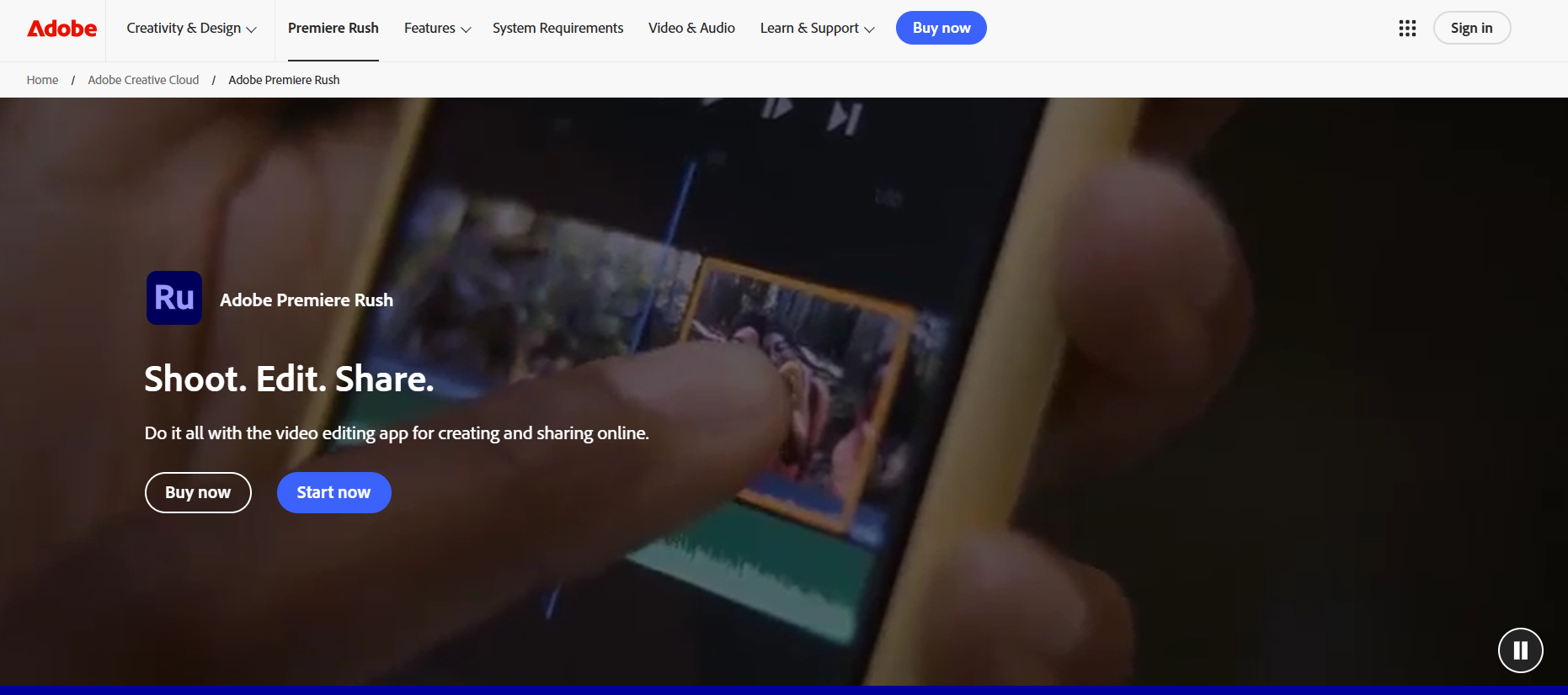 Adobe Premiere Rush’s Landing Page