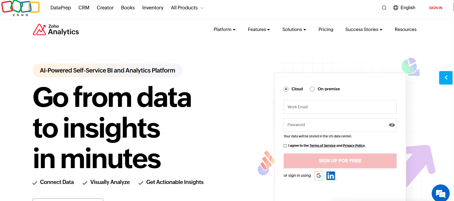 Zoho Analytics’ Homepage