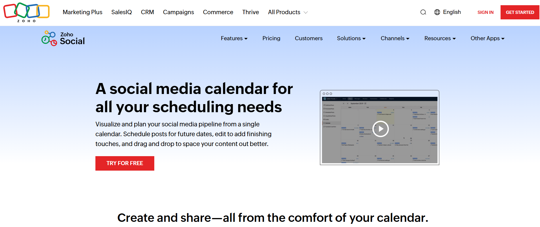 Zoho Social Social Media Calendar Homepage