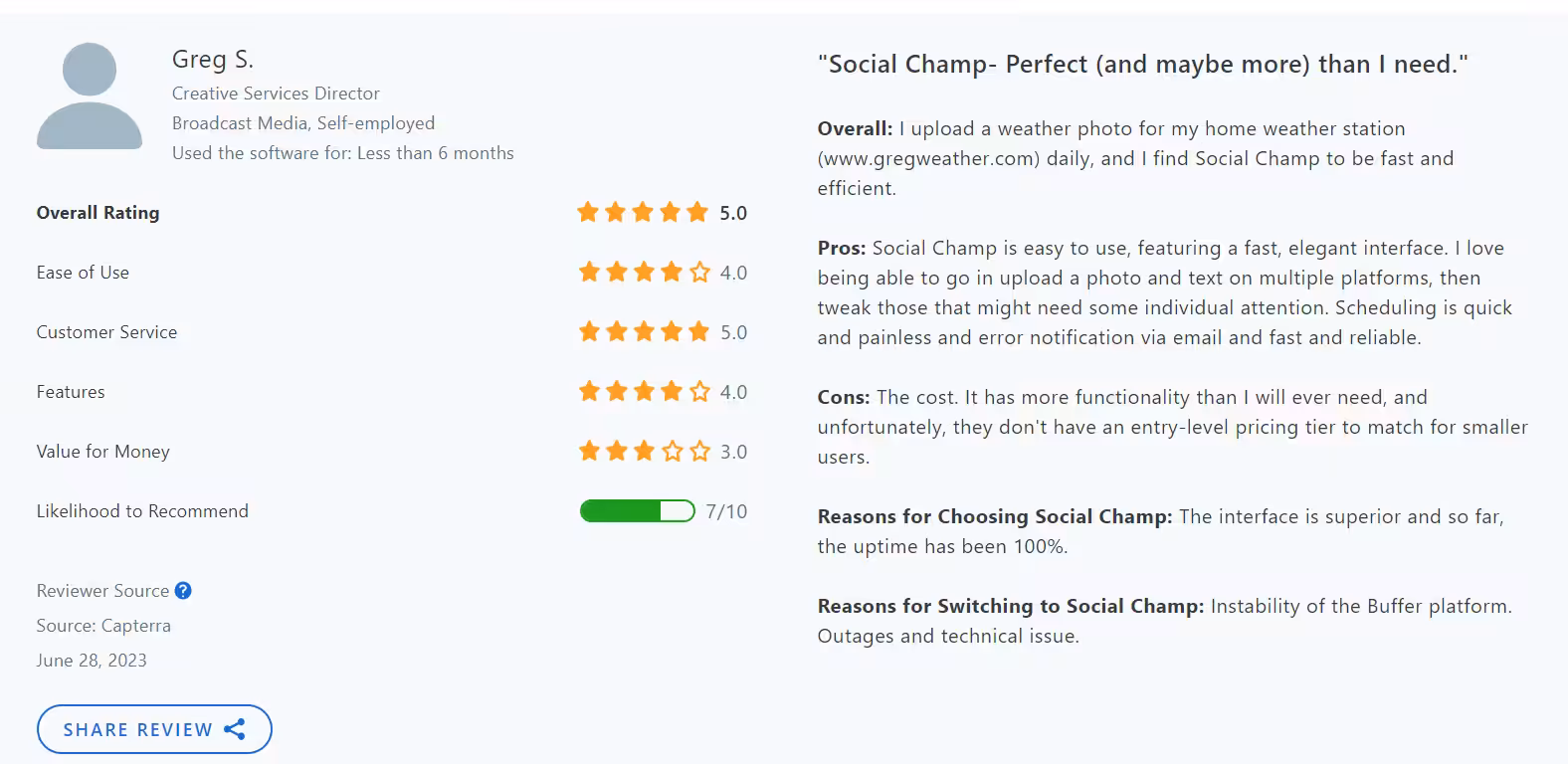Later Reviews: Why Do You Need an Alternative in 2026 14 Capterra Social Champ Review