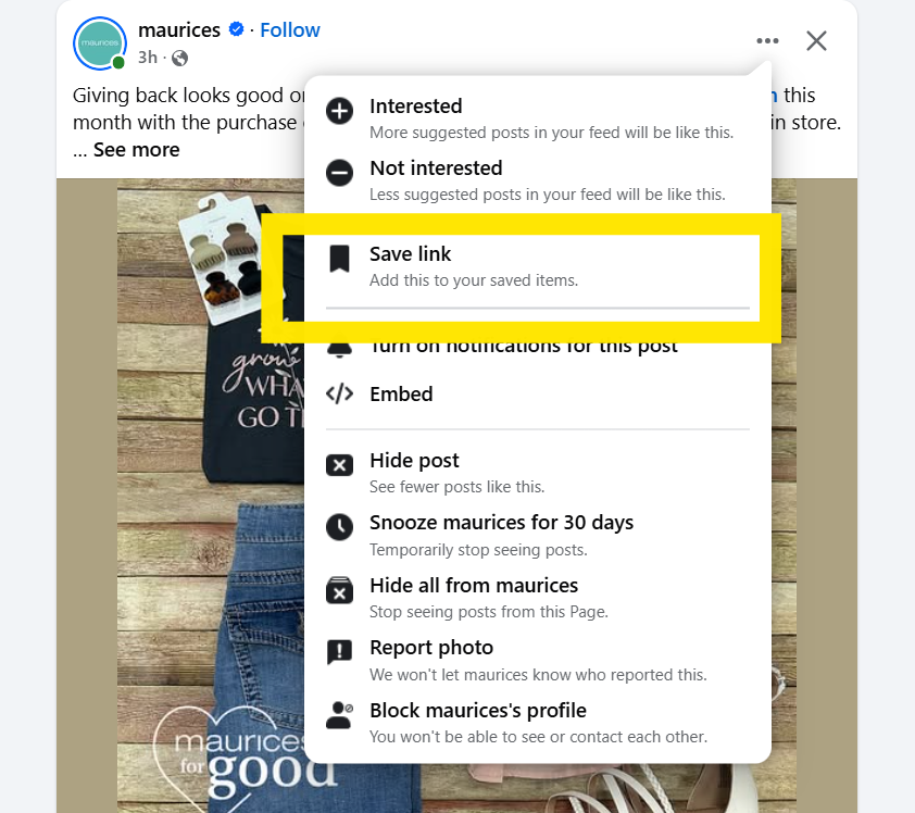 Example of How to Save a Post on Facebook