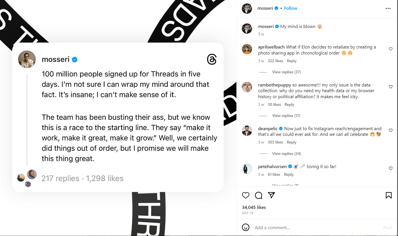 Instagram Threads 2025: A Text-Based Revolution in Social Media 13 Adam Mosseri Insta post