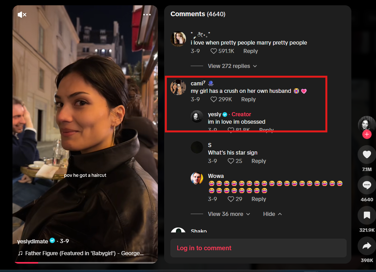 snapshot of a tiktok user responding to the comments on her video