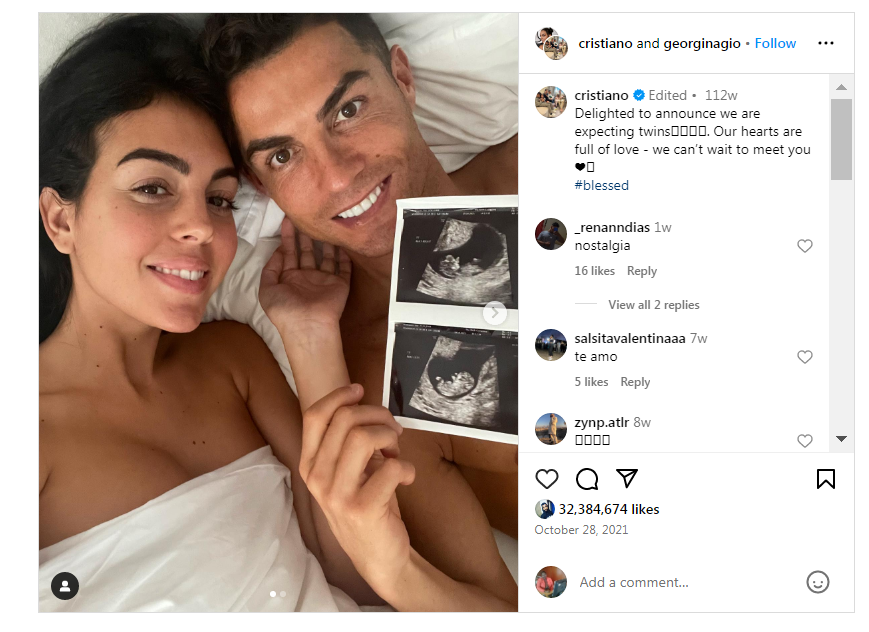 Top 10 Most-Liked Instagram Posts of All Times 5 Cristiano Ronaldo’s Twins Announcement