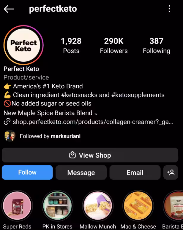 How to Use the Instagram Link in Bio to Drive Traffic 7 A snapshot of Perfect Keto's Instagram link in bio