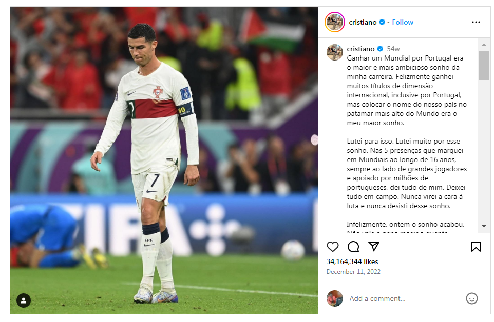 Top 10 Most-Liked Instagram Posts of All Times 7 Cristiano Ronaldo After Portugal’s Elimination