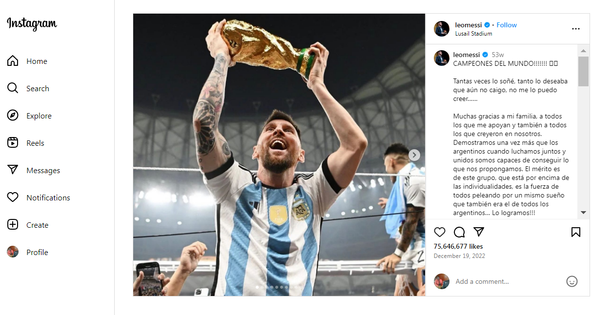 Top 10 Most-Liked Instagram Posts of All Times 13 Messi Celebrating World Cup Victory