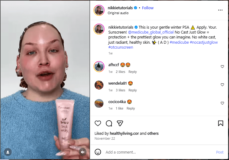 Influencer Marketing Post for Medicube Global by @NikkieTutorials on Instagram