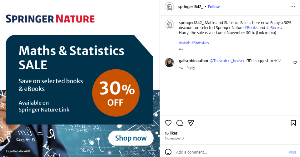 Springer Selling Ebook on Instagram