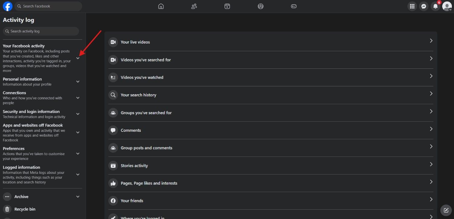Go to “Your Facebook Activity”
