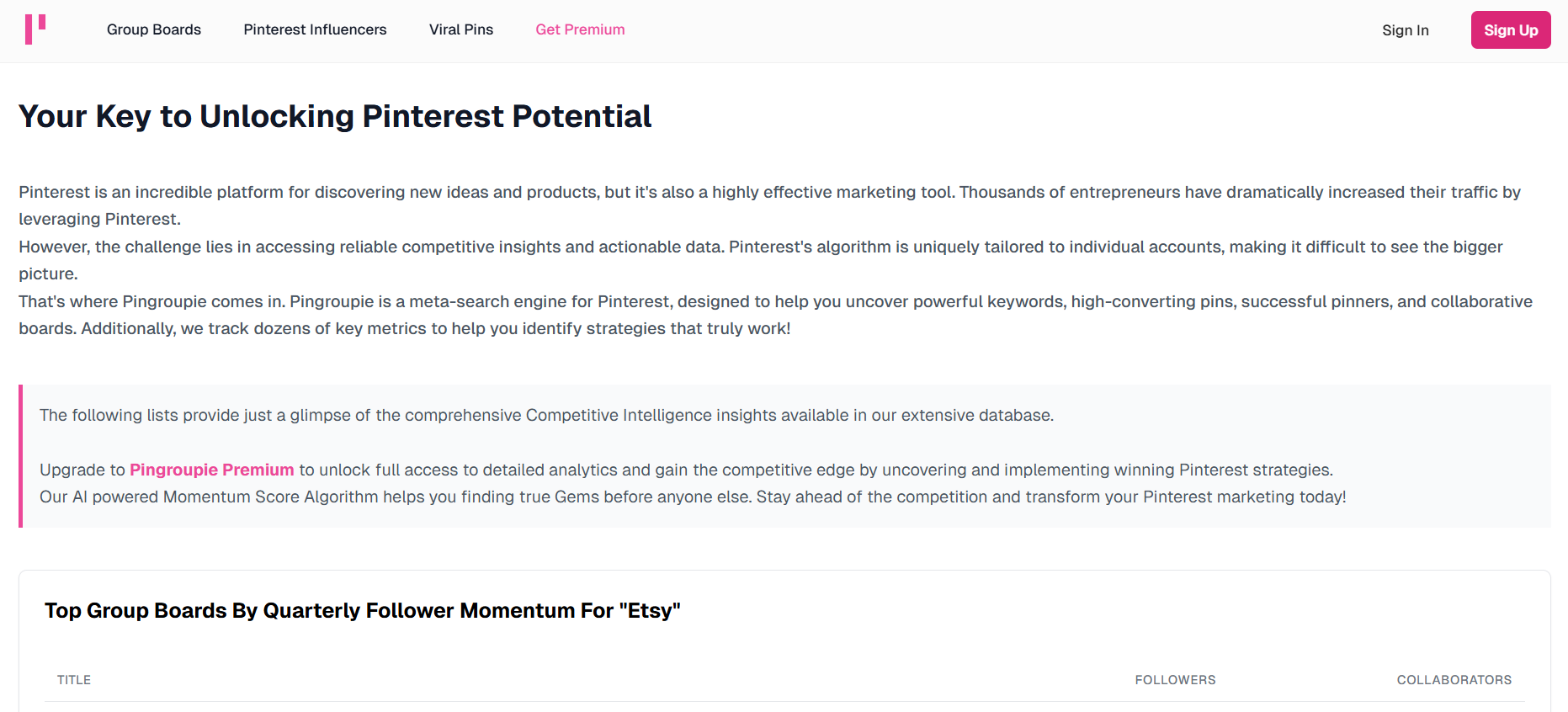 Pingroupie’s Landing Page