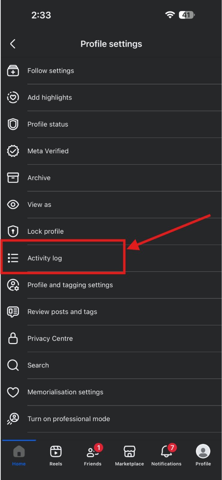 Tap “Activity Log”