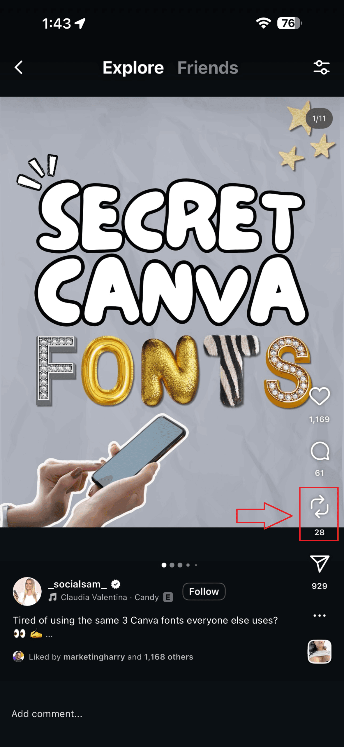 Tap the "Repost" Icon