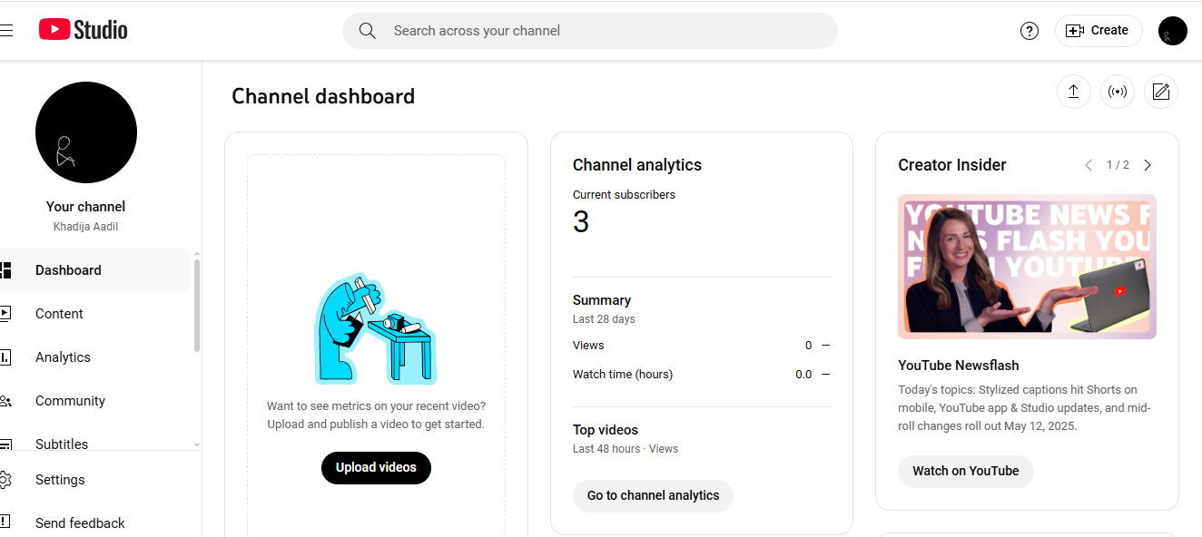 youtube channel’s dashboard