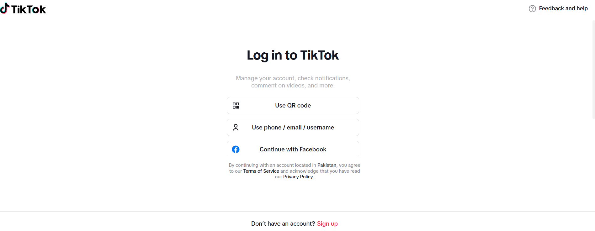 TikTok's Login Page