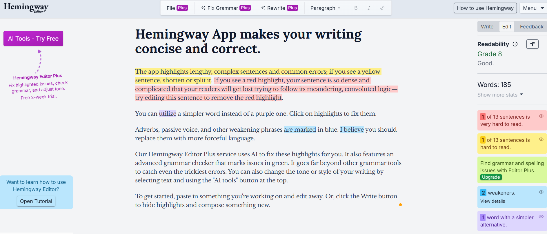 Hemingway Editor’s Dashboard