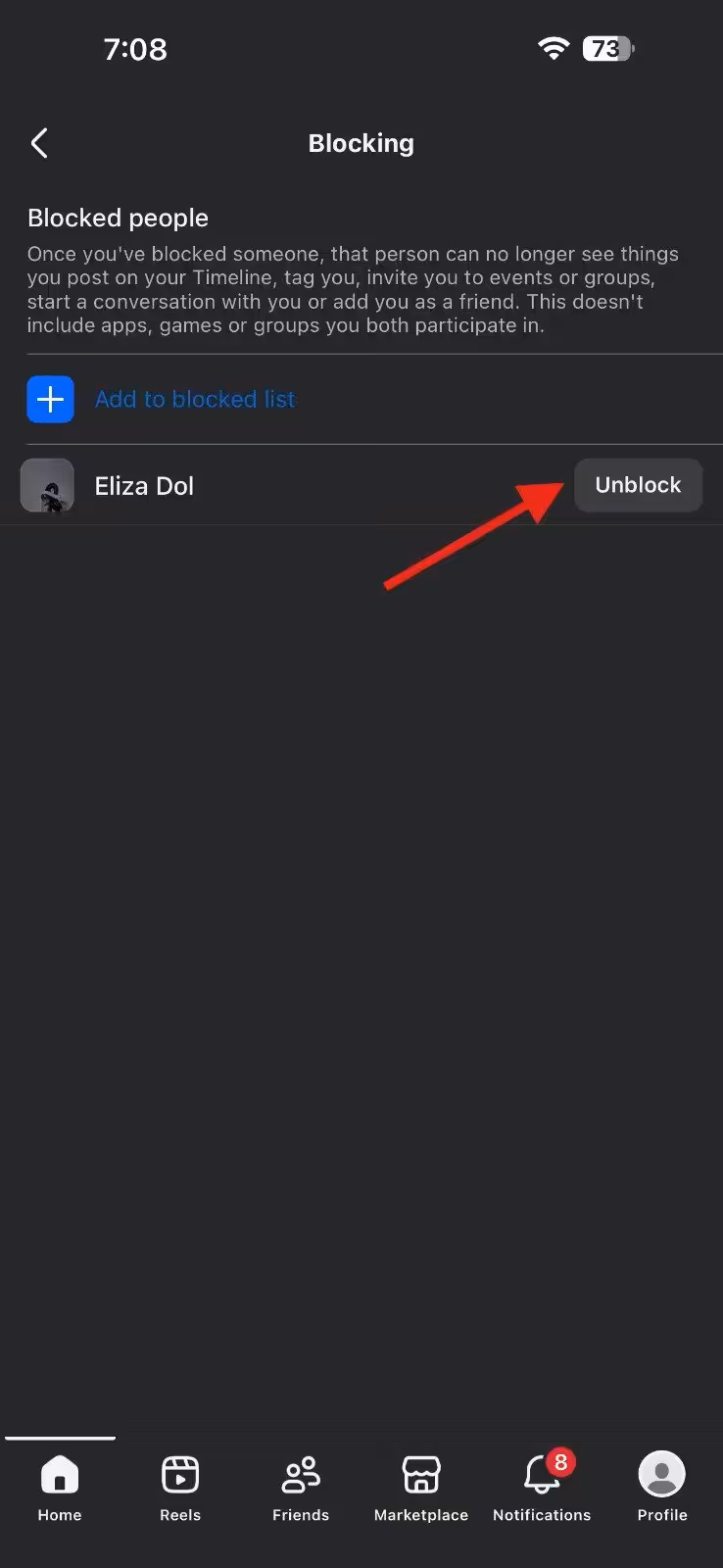 Tap "Unblock"