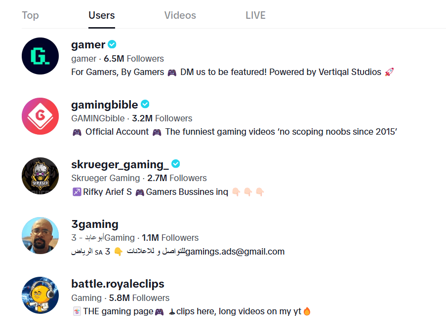 150 Creative TikTok Username Ideas for 2026 12 Screenshot of TikTok Gaming Accounts