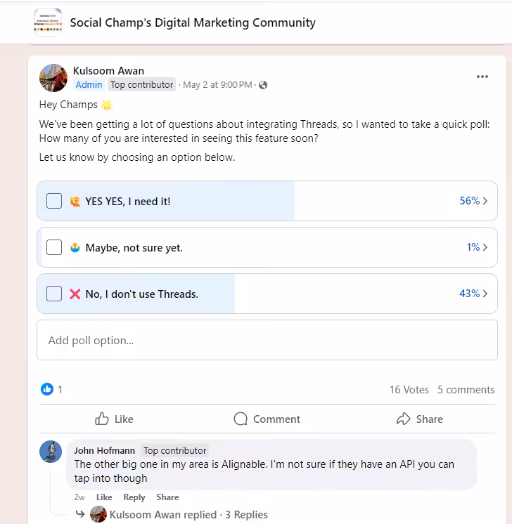 What Is Community Engagement, and Why Is It Important for Your Business in 2026? 4 A snapshot of Social Champ's community engagement attempt
