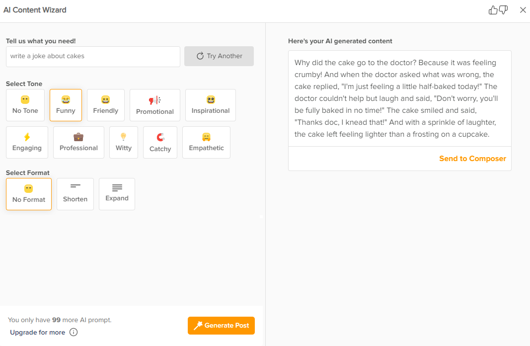 Leveraging AI in Business Growth: Tips and Examples for 2026 7 A snapshot of Social Champ's AI being used for content creation