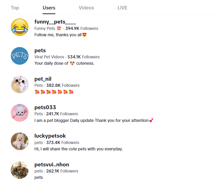 150 Creative TikTok Username Ideas for 2026 18 Screenshot of TikTok Pets and Animals Accounts