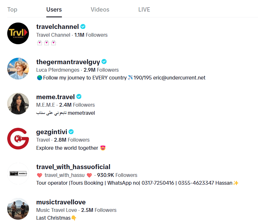 150 Creative TikTok Username Ideas for 2026 9 Screenshot of TikTok Travel and Adventure Accounts