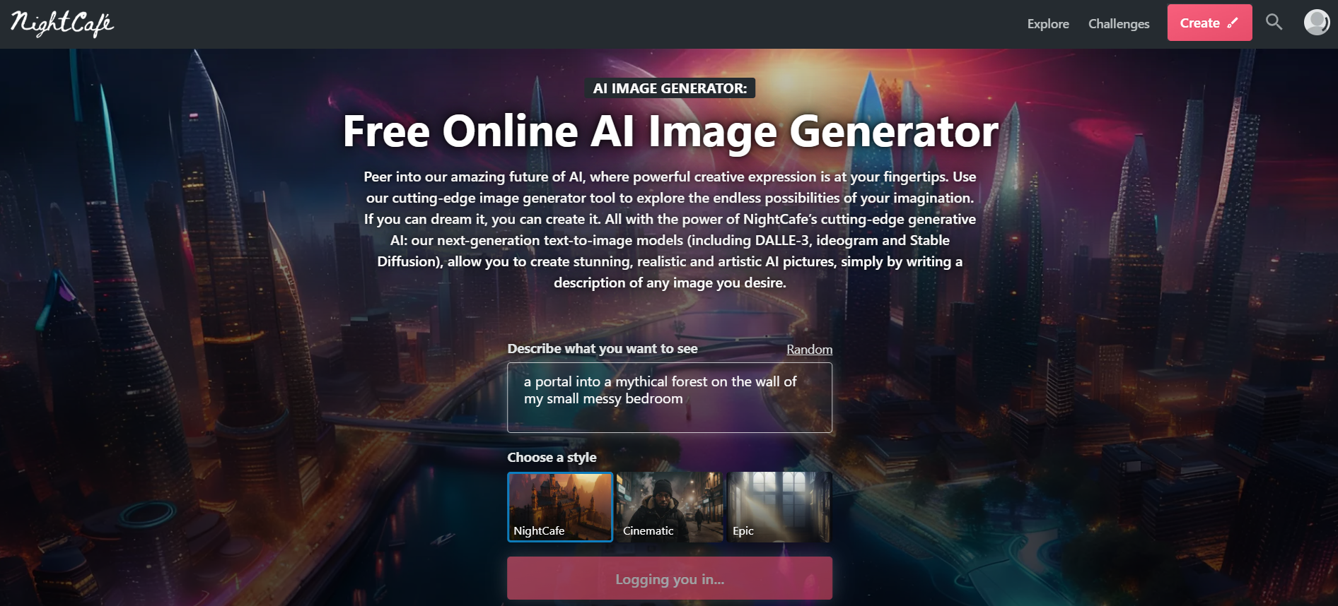 NightCafe’s Landing Page