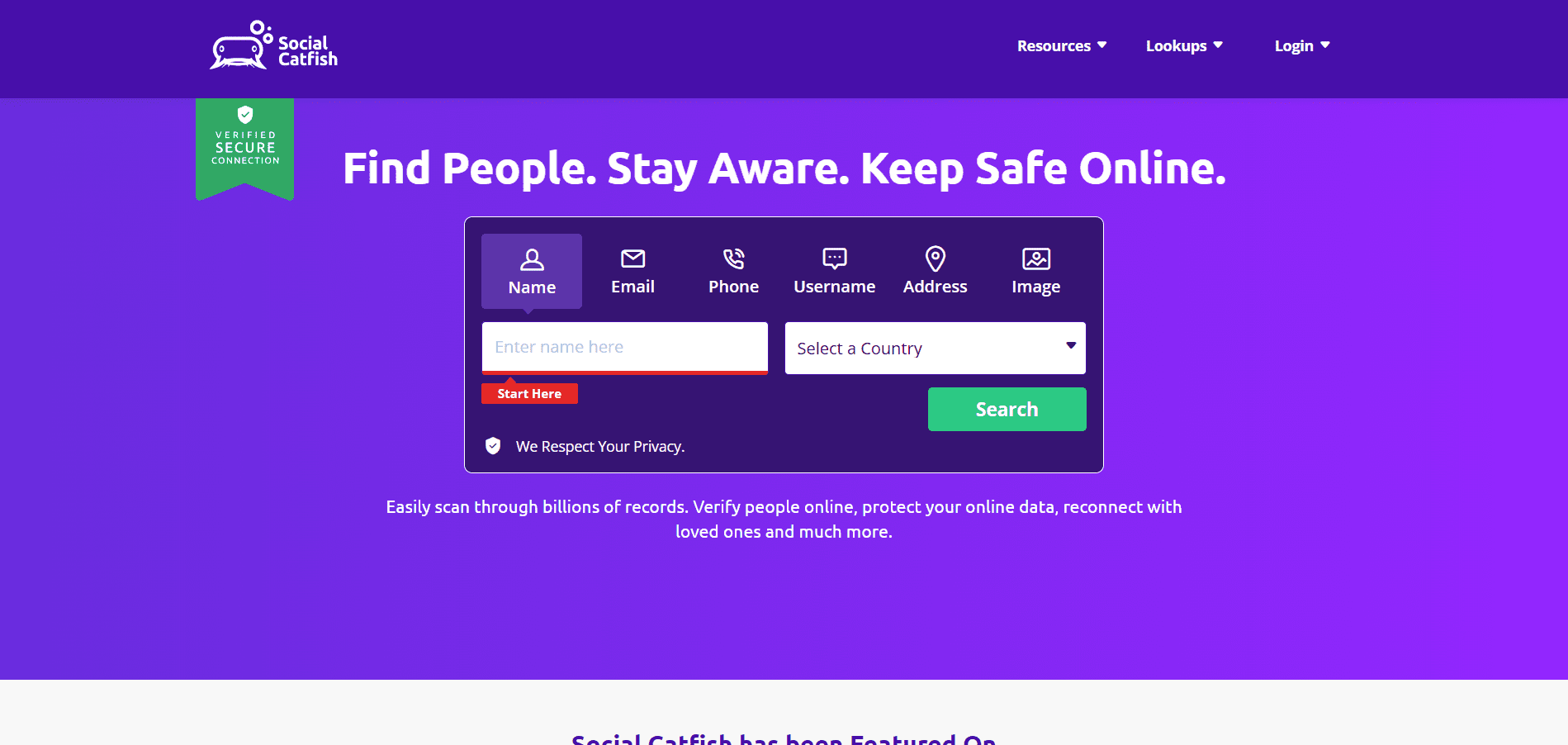 Social Catfish's Landing Page