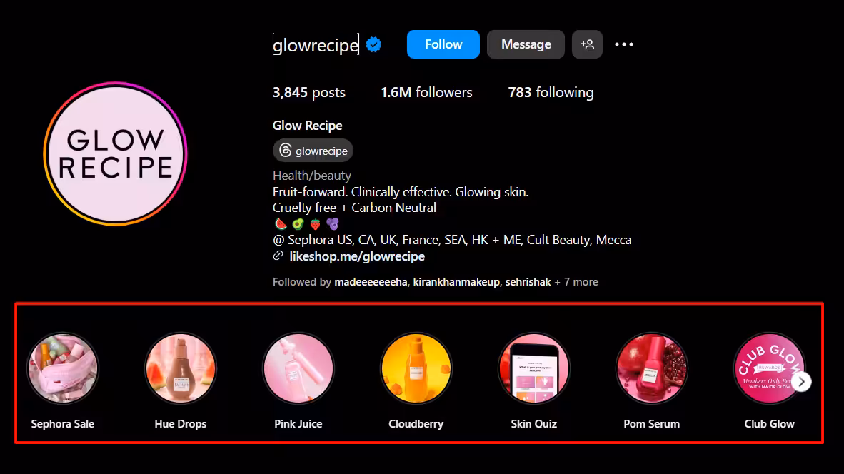 20 Instagram Highlight Ideas for Businesses in 2026 4 A snapshot of Instagram highlights by Glow Recipe