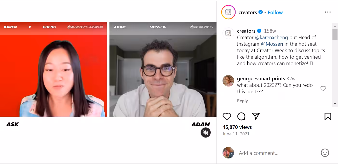 A post by creators featuring an interview with Adam Mosseri, the Head of Instagram.