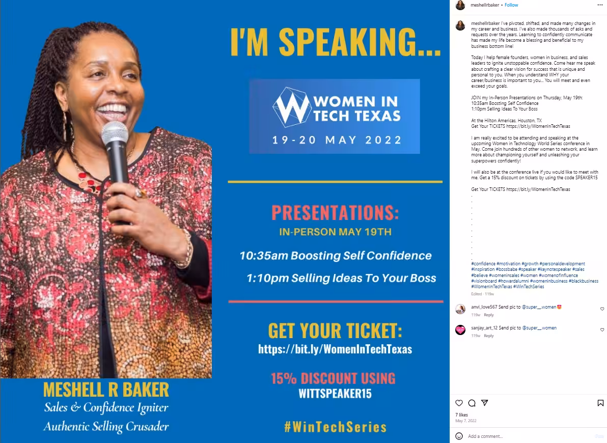 10 Tips & Strategies for Social Media Event Promotion in 2026 6 An Instagram post using #WinTechSeries, a hashtag started for the Women In Tech Texas event.