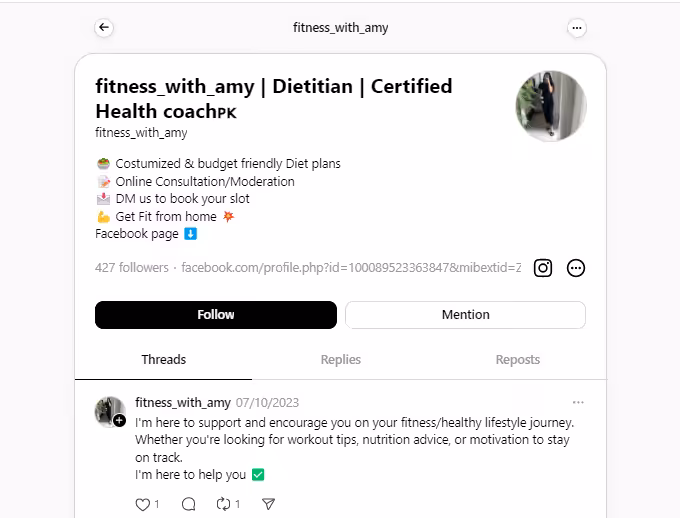 How to Grow on Threads: 15+ Ways to Gain Followers 6 An optimized Threads profile of a fitness trainer fitness_with_amy