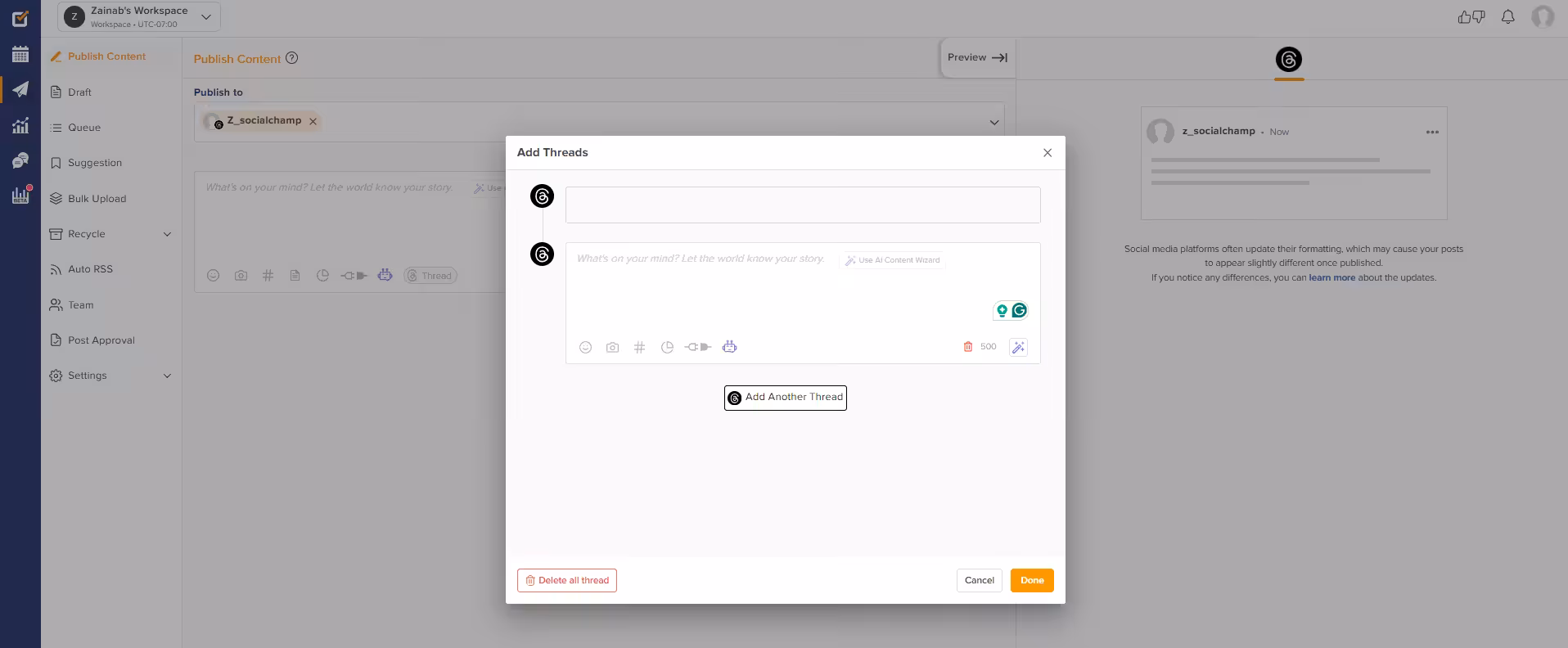 Creating a Thread's post on Social Champ