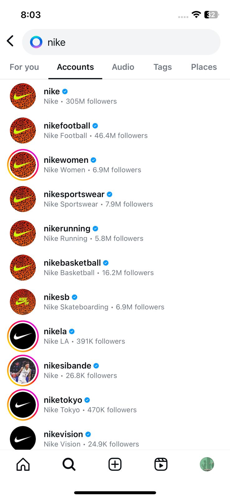 Nike's collection of Instagram accounts for different products.