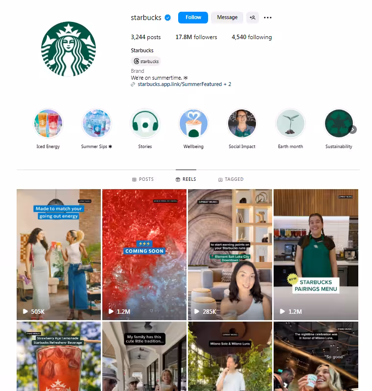 Starbucks' Instagram grid showcasing the frequently posted Reels.