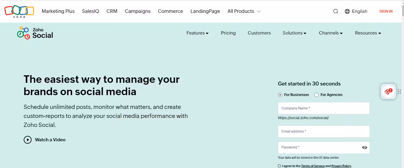 Zoho Social's website