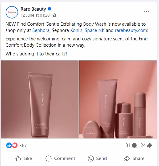 The Ultimate Guide to Social Media Marketing Platforms + Tools 7 Rare Beauty's social media marketing on Facebook