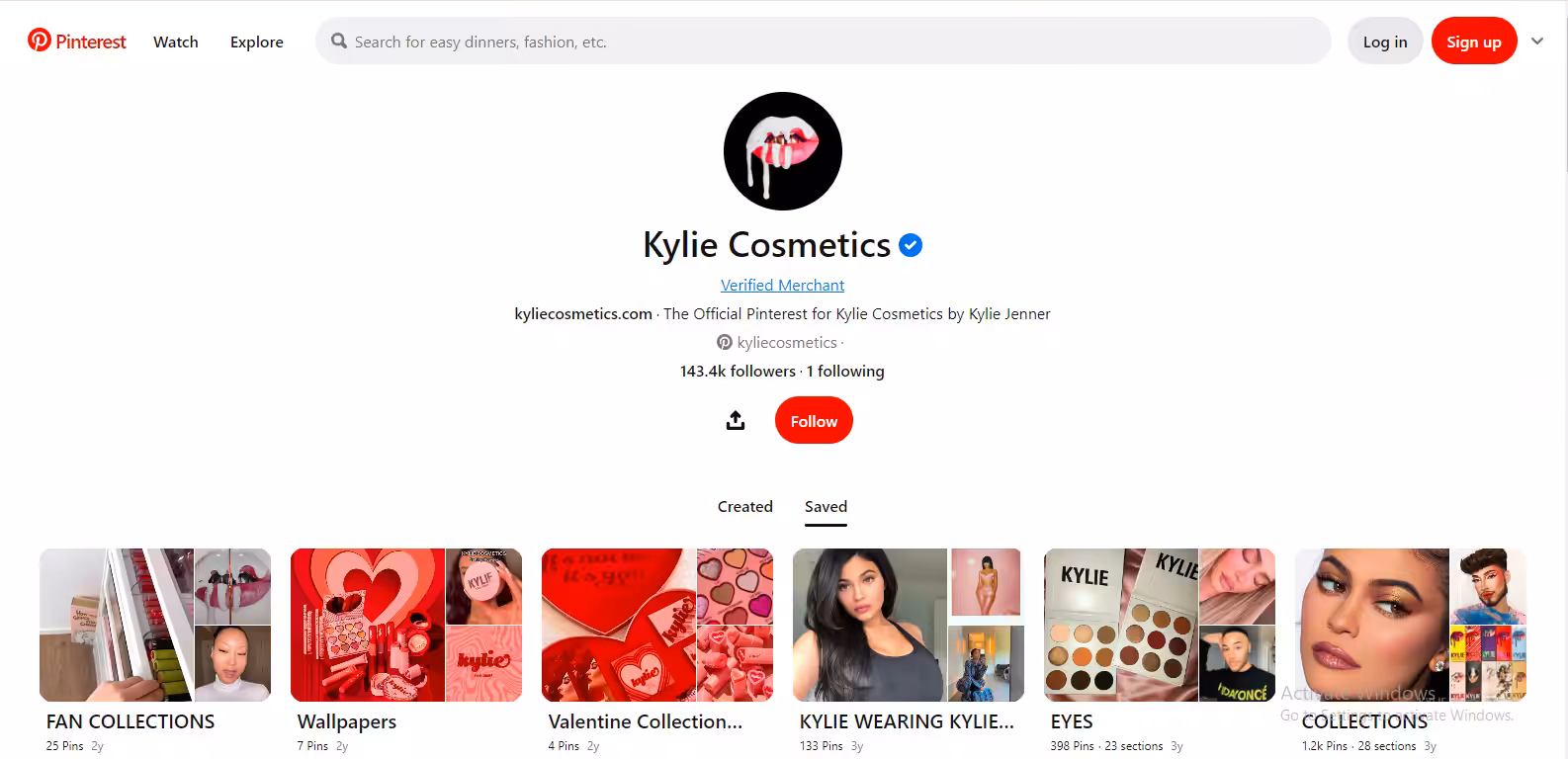 Snapshot of Kylie Cosmetics' Pinterest profile