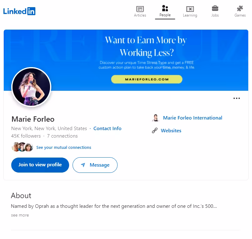 Snapshot of Marie Forleo's LinkedIn profile