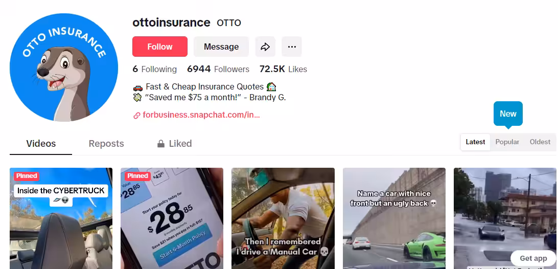 Snapshot of TikTok profile of OTTO INSURANCE