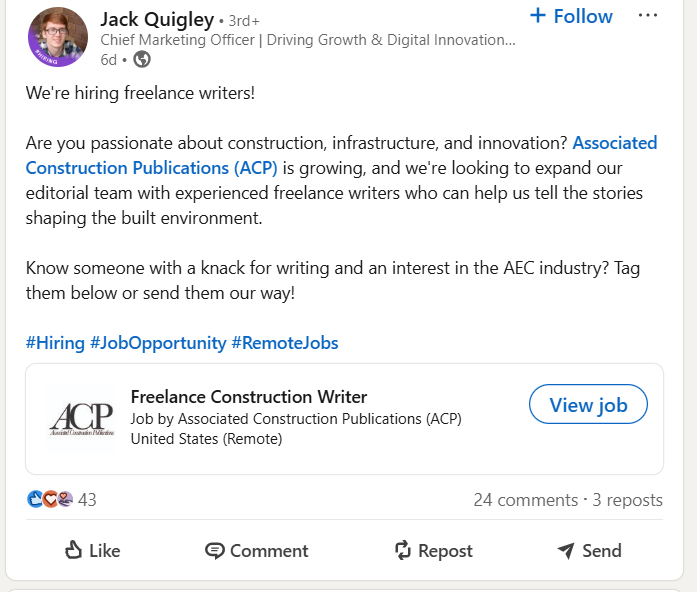 LinkedIn Post About Freelance Job