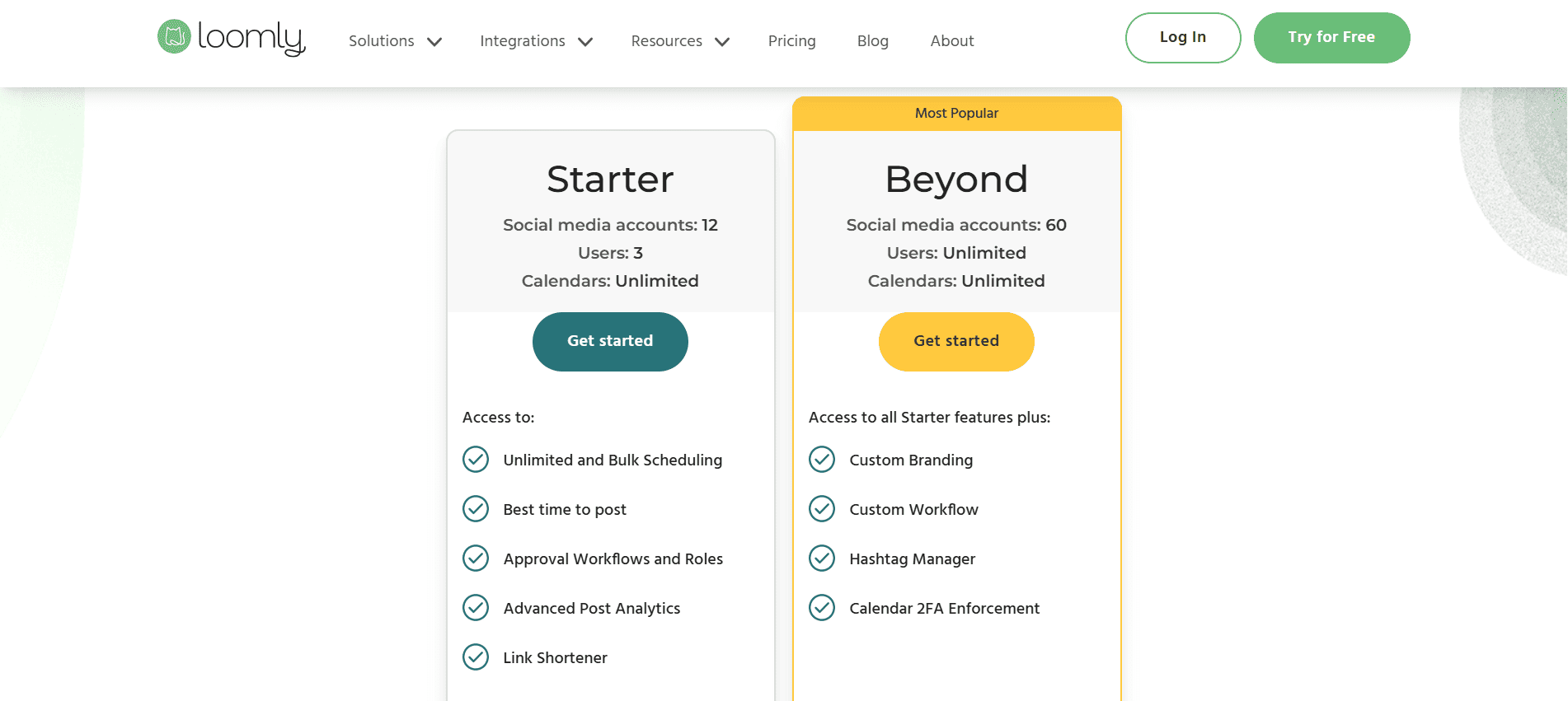 Loomly's Pricing Page