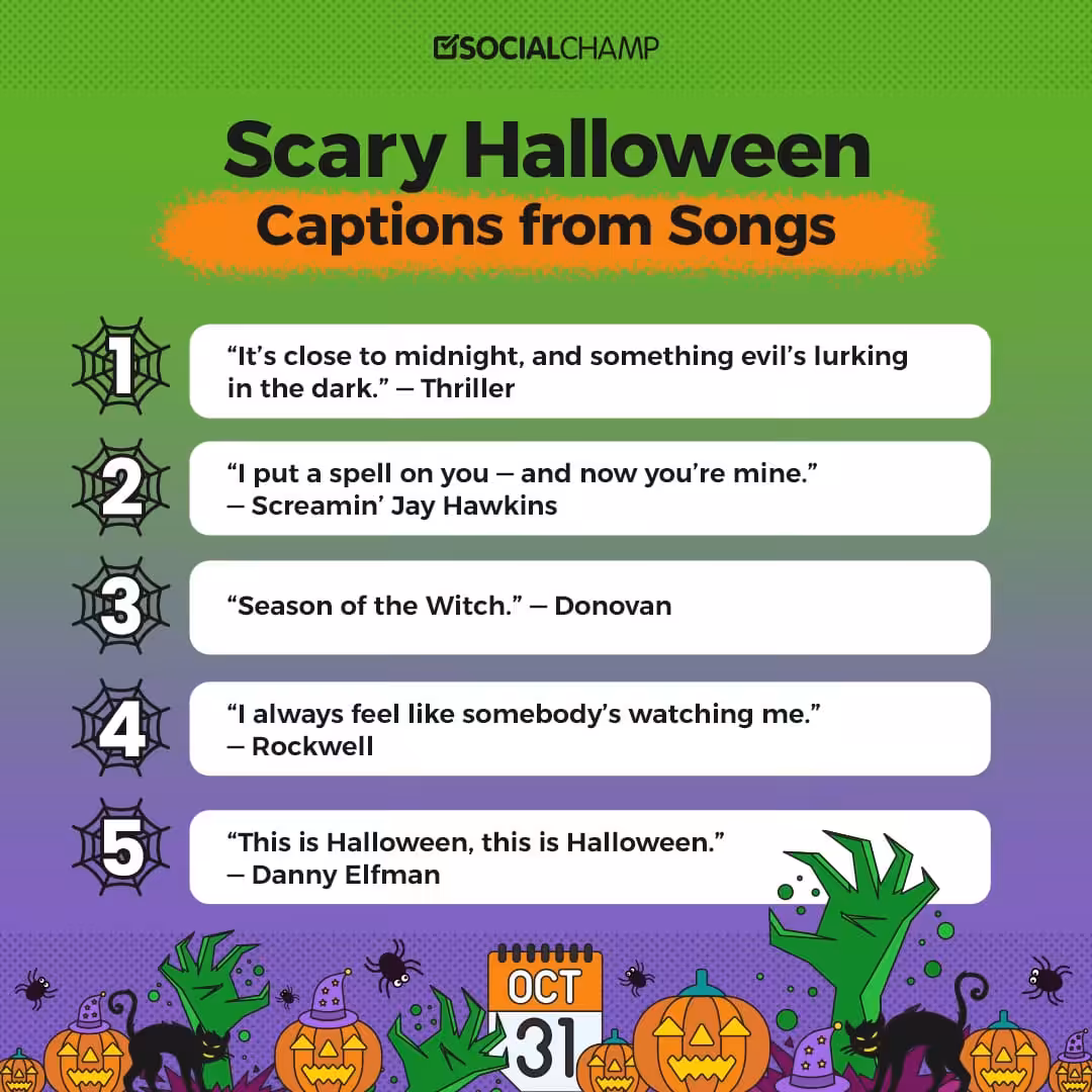 200 Best Halloween Captions for Every Social Platform (Updated 2026) 20 halloween captions from songs