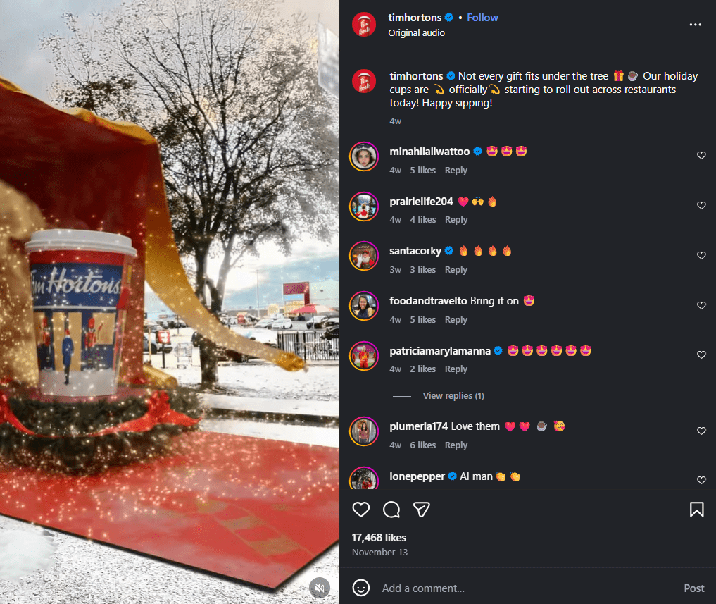 Christmas Social Media Posts: Ideas, Examples, and Strategies for 2026 6 A Christmas Social Media Post by Tim Hortons