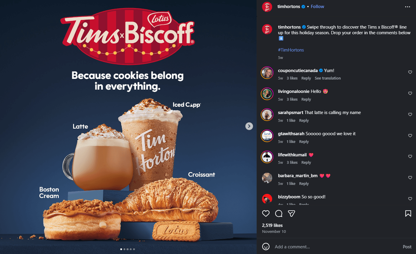 Christmas Social Media Posts: Ideas, Examples, and Strategies for 2026 7 Tim Horton’s Holiday-Themed Post from Early November