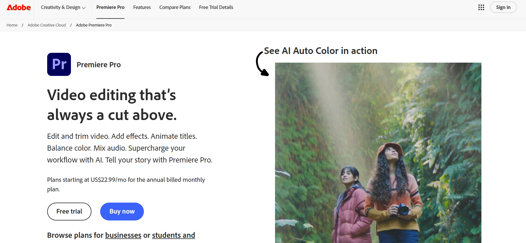 Adobe Premiere Pro’s Landing Page